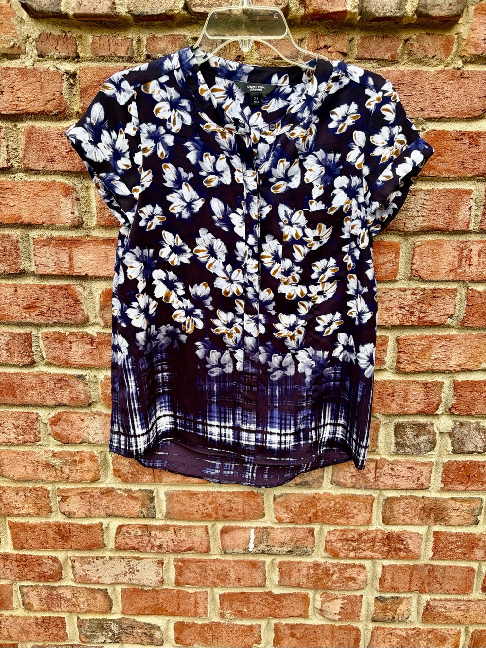 Simply Vera Vera Wang Navy Floral Short-Sleeve Blouse with White & Tan Accents